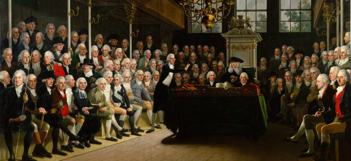 The House of Commons 1793-94 by Karl Anton Hickel oil on canvas 1793-1795 NPG 745 Credit National Portrait Gallery London. Licensed for use under Creative Commons.